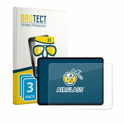 Front side of a product packaging with the brand logo BROTECT. Next to it is the device OnePlus Pad 3 Pro shown with the corre