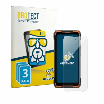 Front side of a product packaging with the brand logo BROTECT. Next to it is the device Blackview Rock 2 shown with the corres