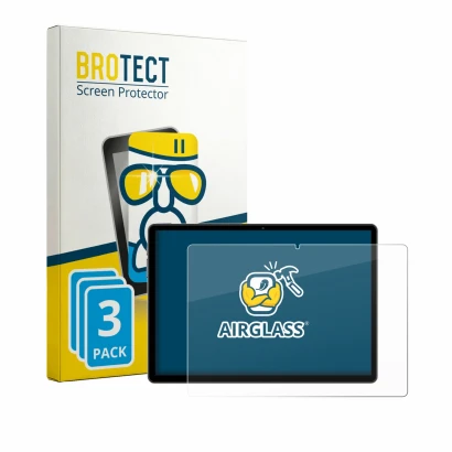 Front side of a product packaging with the brand logo BROTECT. Next to it is the device Juno Tab 4 10.5" shown with the corres