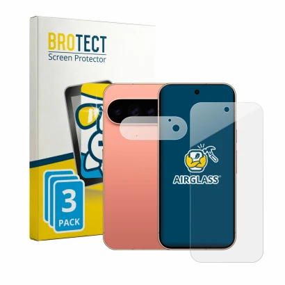 Front side of a product packaging with the brand logo BROTECT. Next to it is the device Google Pixel 11 Pro (Front+Camera) sho