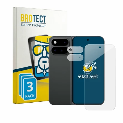 Front side of a product packaging with the brand logo BROTECT. Next to it is the device Google Pixel 11 Pro Fold (Front+Camera