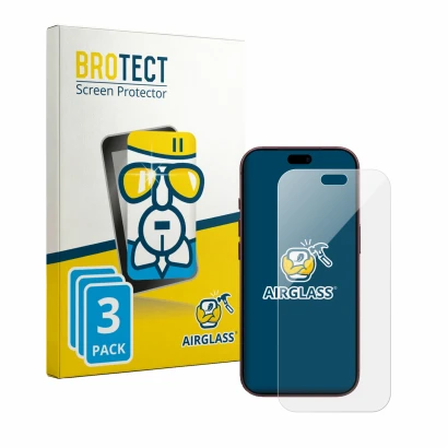 Front side of a product packaging with the brand logo BROTECT. Next to it is the device Apple iPhone 18 Pro shown with the cor
