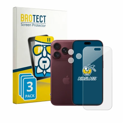 Front side of a product packaging with the brand logo BROTECT. Next to it is the device Apple iPhone 18 Pro (Front+Camera) sho
