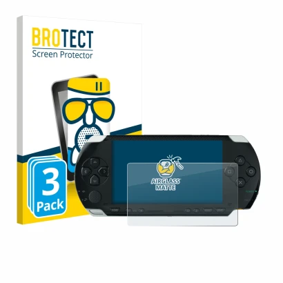 Front side of a product packaging with the brand logo BROTECT. Next to it is the device Sony PSP 1000 shown with the correspon