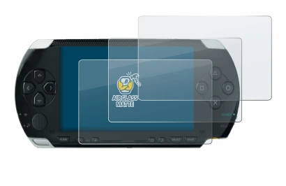 Image of the device Sony PSP 1000 with a wide variety of screen protectors.