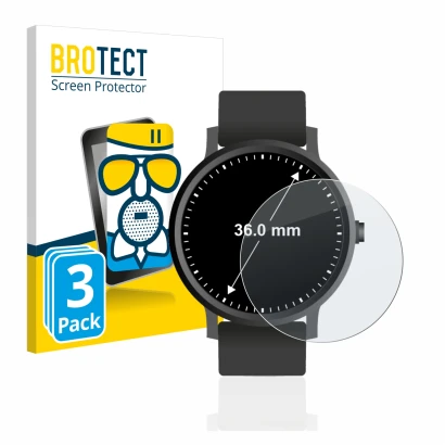 Front side of a product packaging with the brand logo BROTECT. Next to it is the device Watches (Circular, ø: 36 mm) shown wit