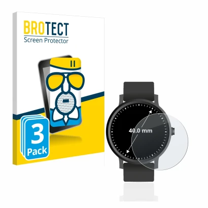Front side of a product packaging with the brand logo BROTECT. Next to it is the device Watches (Circular, ø: 40 mm) shown wit