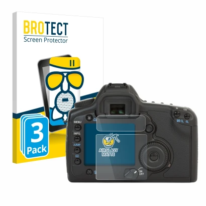 Front side of a product packaging with the brand logo BROTECT. Next to it is the device Canon EOS 5D shown with the correspond