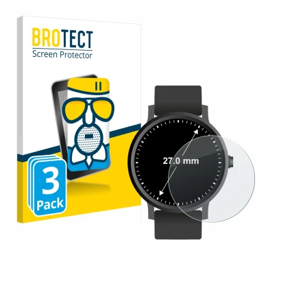 Front side of a product packaging with the brand logo BROTECT. Next to it is the device Watches (Circular, ø: 27 mm) shown wit