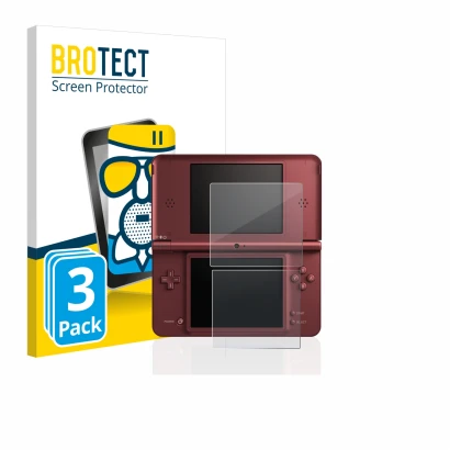 Front side of a product packaging with the brand logo BROTECT. Next to it is the device Nintendo DSi XL shown with the corresp