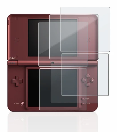 Image of the device Nintendo DSi XL with a wide variety of screen protectors.