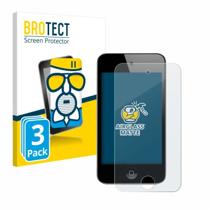 Front side of a product packaging with the brand logo BROTECT. Next to it is the device Apple iPod Touch (4th Gen.) shown with