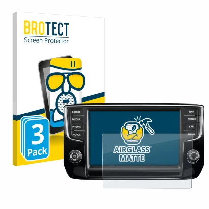 Front side of a product packaging with the brand logo BROTECT. Next to it is the device Volkswagen Passat 2015 Discover Pro 8"