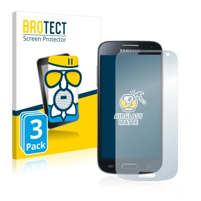 Front side of a product packaging with the brand logo BROTECT. Next to it is the device Samsung Galaxy S4 Mini LTE (4G) I9195 