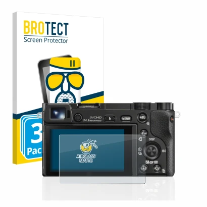 Front side of a product packaging with the brand logo BROTECT. Next to it is the device Sony Alpha 6000 shown with the corresp