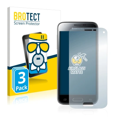 Front side of a product packaging with the brand logo BROTECT. Next to it is the device Samsung Galaxy S5 Mini SM-G800 shown w