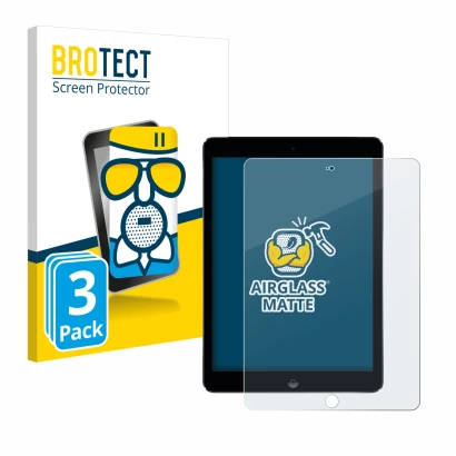 Front side of a product packaging with the brand logo BROTECT. Next to it is the device Apple iPad Air 2 2014 shown with the c
