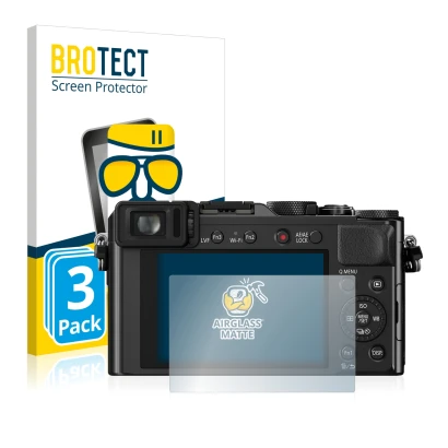 Front side of a product packaging with the brand logo BROTECT. Next to it is the device Panasonic Lumix DMC-LX100 shown with t