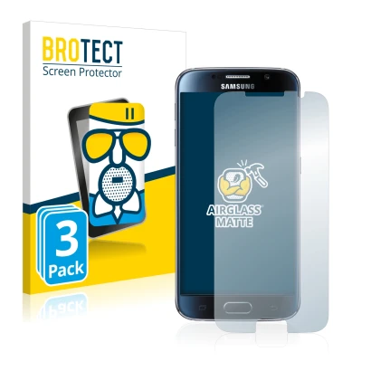 Front side of a product packaging with the brand logo BROTECT. Next to it is the device Samsung Galaxy S6 shown with the corre
