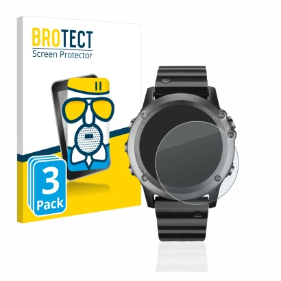 Front side of a product packaging with the brand logo BROTECT. Next to it is the device Garmin Fenix 3 shown with the correspo