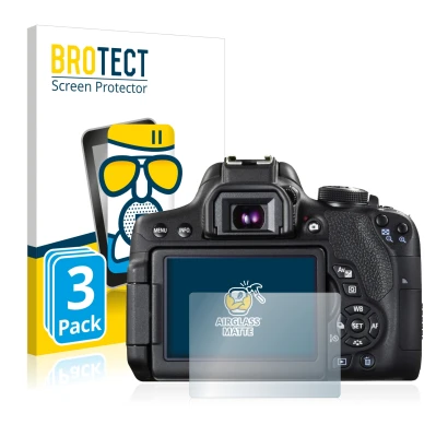 Front side of a product packaging with the brand logo BROTECT. Next to it is the device Canon EOS 750D shown with the correspo