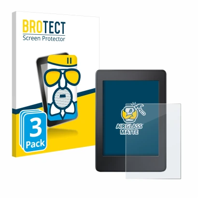 Front side of a product packaging with the brand logo BROTECT. Next to it is the device Amazon Kindle Paperwhite 2015 (7th Gen