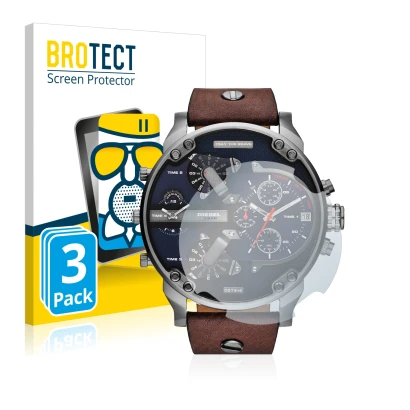 Front side of a product packaging with the brand logo BROTECT. Next to it is the device Diesel DZ7314 Mr. Daddy shown with the