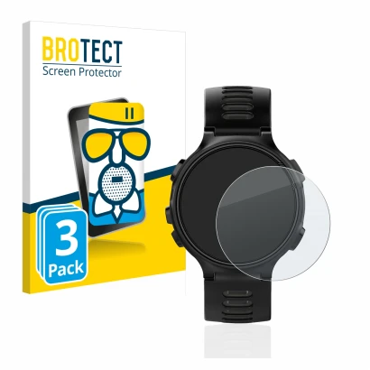 Front side of a product packaging with the brand logo BROTECT. Next to it is the device Garmin Forerunner 735XT shown with the