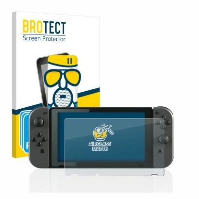 Front side of a product packaging with the brand logo BROTECT. Next to it is the device Nintendo Switch shown with the corresp