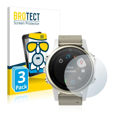 Front side of a product packaging with the brand logo BROTECT. Next to it is the device Garmin Fenix 5S (42 mm) shown with the