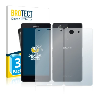 Front side of a product packaging with the brand logo BROTECT. Next to it is the device Sony Xperia Z3 Compact D5803 (Front+Ba