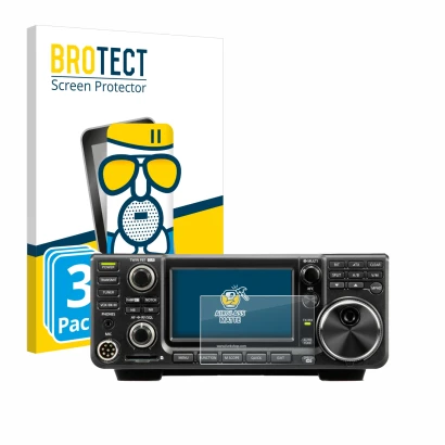 Front side of a product packaging with the brand logo BROTECT. Next to it is the device Icom IC-7300 shown with the correspond
