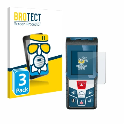 Front side of a product packaging with the brand logo BROTECT. Next to it is the device Bosch GLM 50 C Professional shown with