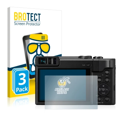 Front side of a product packaging with the brand logo BROTECT. Next to it is the device Panasonic Lumix DC-TZ91 shown with the
