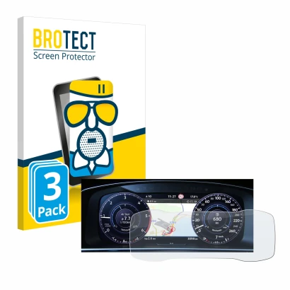 Front side of a product packaging with the brand logo BROTECT. Next to it is the device Volkswagen Golf 7 Active Info Chockpit
