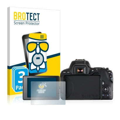 Front side of a product packaging with the brand logo BROTECT. Next to it is the device Canon EOS 200D shown with the correspo