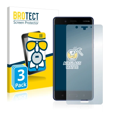 Front side of a product packaging with the brand logo BROTECT. Next to it is the device Nokia 8 shown with the corresponding s