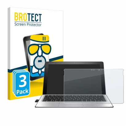 Front side of a product packaging with the brand logo BROTECT. Next to it is the device HP Elite x2 1012 G2 shown with the cor