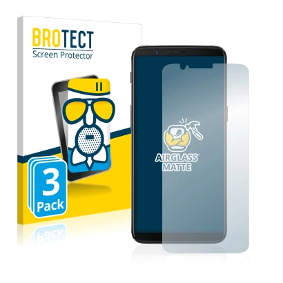 Front side of a product packaging with the brand logo BROTECT. Next to it is the device OnePlus 5T shown with the correspondin