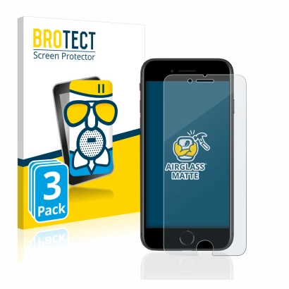 Front side of a product packaging with the brand logo BROTECT. Next to it is the device Apple iPhone SE 2 2020 shown with the 