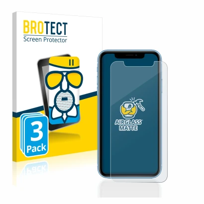 Front side of a product packaging with the brand logo BROTECT. Next to it is the device Apple iPhone XR shown with the corresp