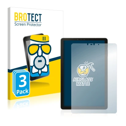 Front side of a product packaging with the brand logo BROTECT. Next to it is the device Samsung Galaxy Tab S4 10.5 shown with 