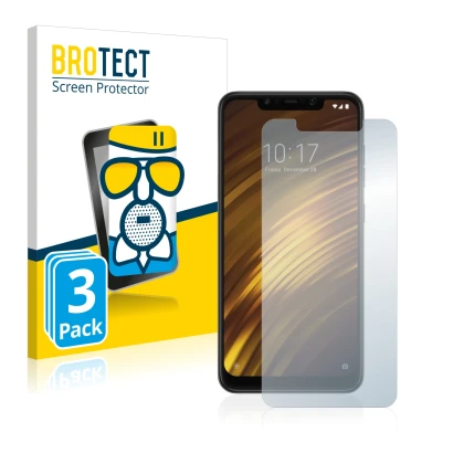 Front side of a product packaging with the brand logo BROTECT. Next to it is the device Xiaomi Pocophone F1 shown with the cor