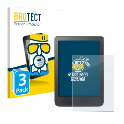 Front side of a product packaging with the brand logo BROTECT. Next to it is the device Kobo Clara HD (6") shown with the corr