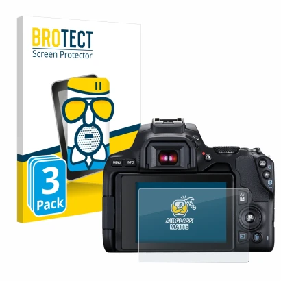 Front side of a product packaging with the brand logo BROTECT. Next to it is the device Canon EOS 250D shown with the correspo