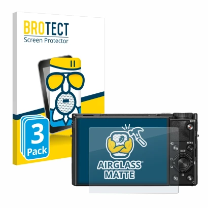 Front side of a product packaging with the brand logo BROTECT. Next to it is the device Sony Cyber-Shot DSC-RX100 VII shown wi