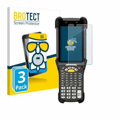 Front side of a product packaging with the brand logo BROTECT. Next to it is the device Zebra MC9300 shown with the correspond