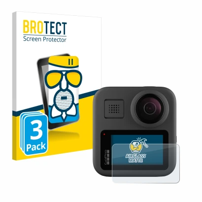 Front side of a product packaging with the brand logo BROTECT. Next to it is the device GoPro Max shown with the corresponding