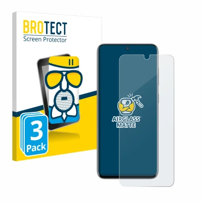 Front side of a product packaging with the brand logo BROTECT. Next to it is the device Samsung Galaxy S20 shown with the corr