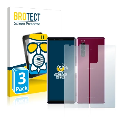 Front side of a product packaging with the brand logo BROTECT. Next to it is the device Sony Xperia 5 (Front+Back) shown with 